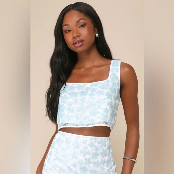 Lulus White and Blue Sequin Floral Cropped Tank Top - Picture 2 of 7